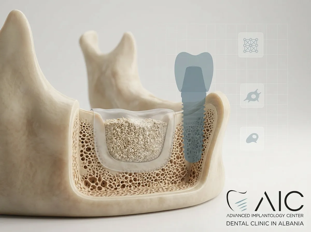 Bone grafting illustration showing jawbone regeneration before dental implant placement in an area with insufficient bone