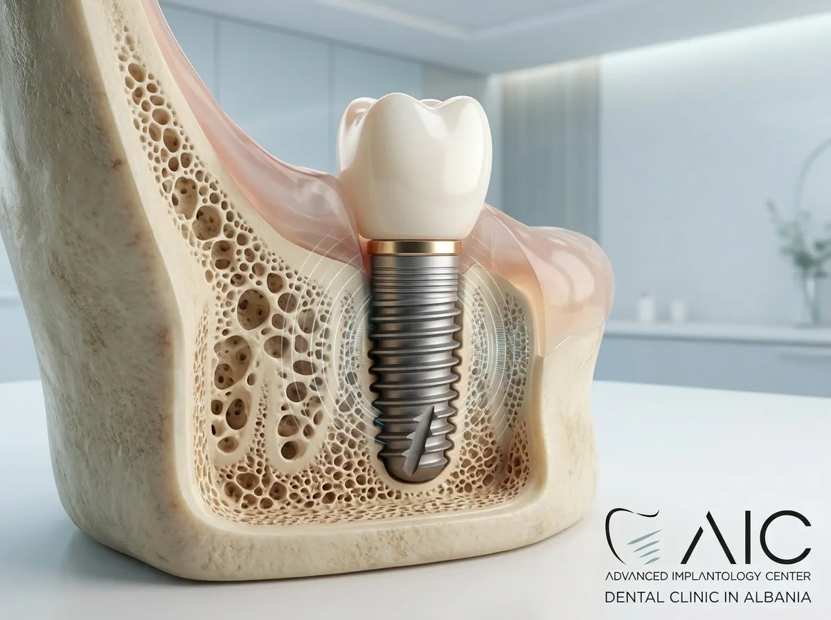 Titanium dental implant engaging cortical and low-density cancellous jawbone to illustrate implant stability in osteoporosis