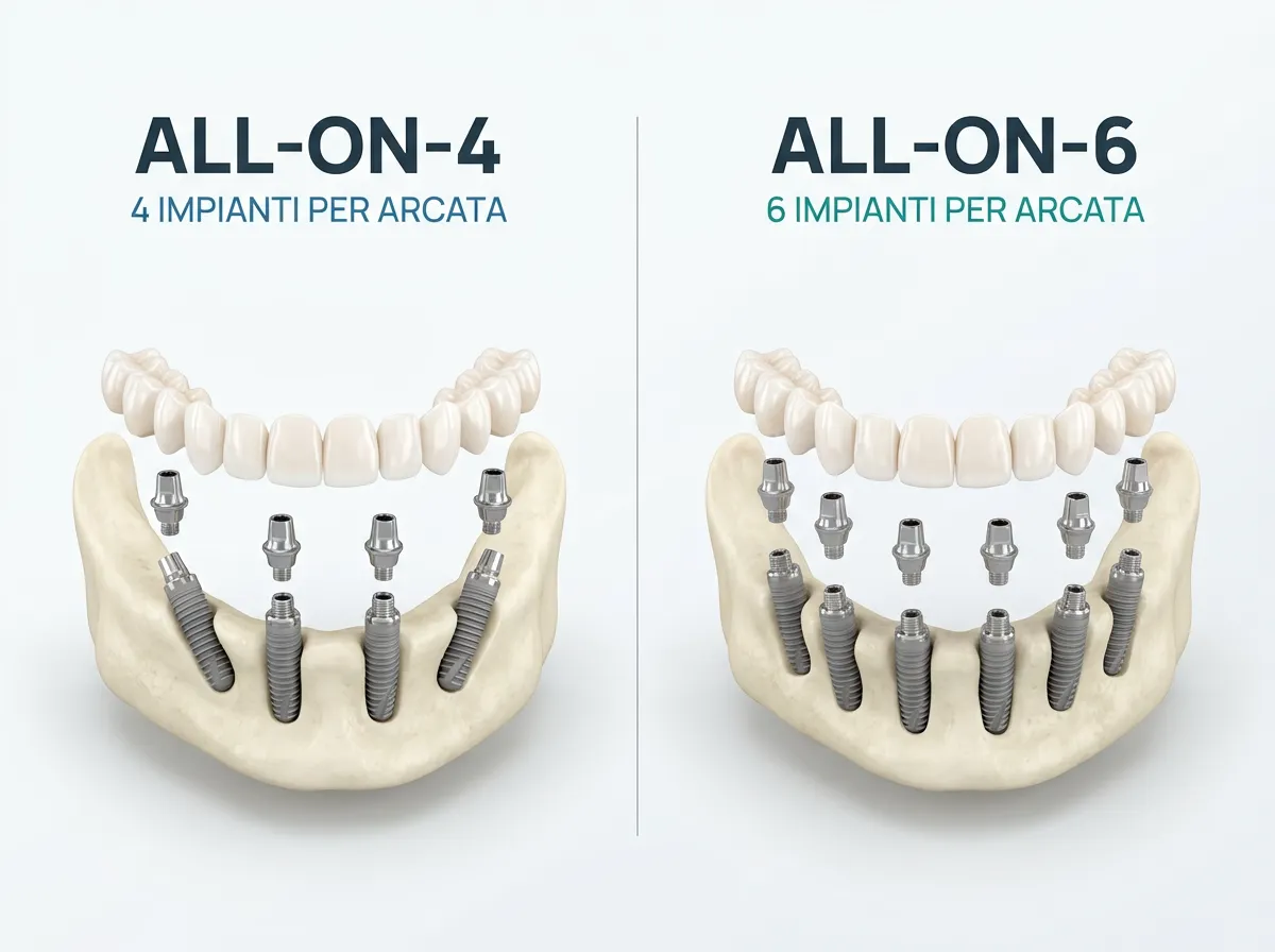 All-on-4 o All-on-6? Scopri differenze, costi, numero di impianti per arcata e criteri clinici per scegliere la soluzione più adatta.