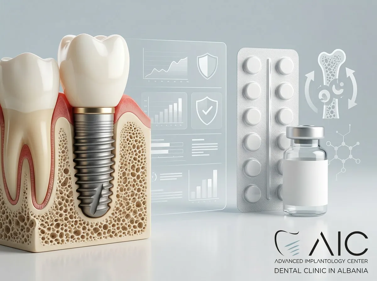 Dental implant with osteoporosis medication elements illustrating antiresorptive therapy and implant risk assessment