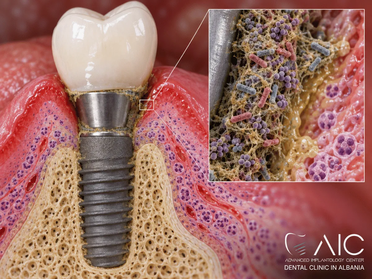 Biofilm batterico e infiammazione della gengiva intorno a un impianto dentale