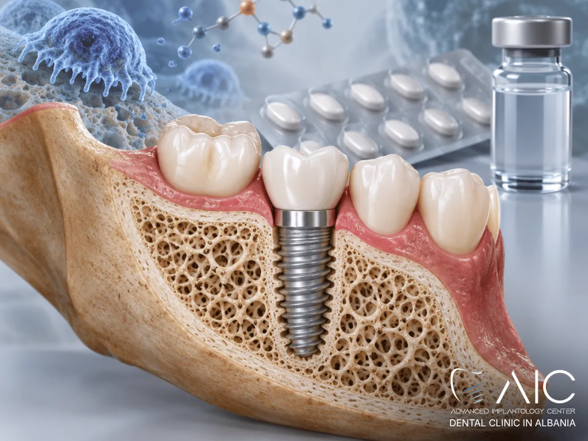 Impianto dentale e terapia anti-riassorbitiva per osteoporosi rappresentati in una visualizzazione medica