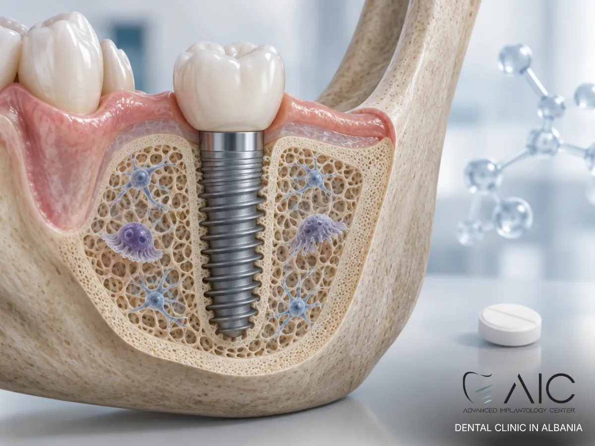Bisphosphonates and dental implants shown in a 3D illustration of a titanium implant in jawbone