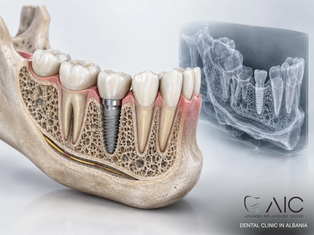3D jawbone and dental implant assessment showing bone anatomy and planned implant position