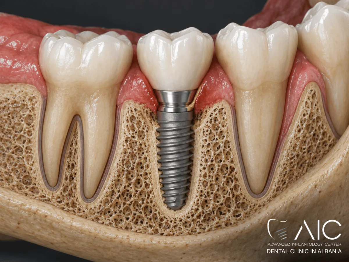 Early peri-implant infection with inflamed gum and crestal bone loss around a titanium dental implant