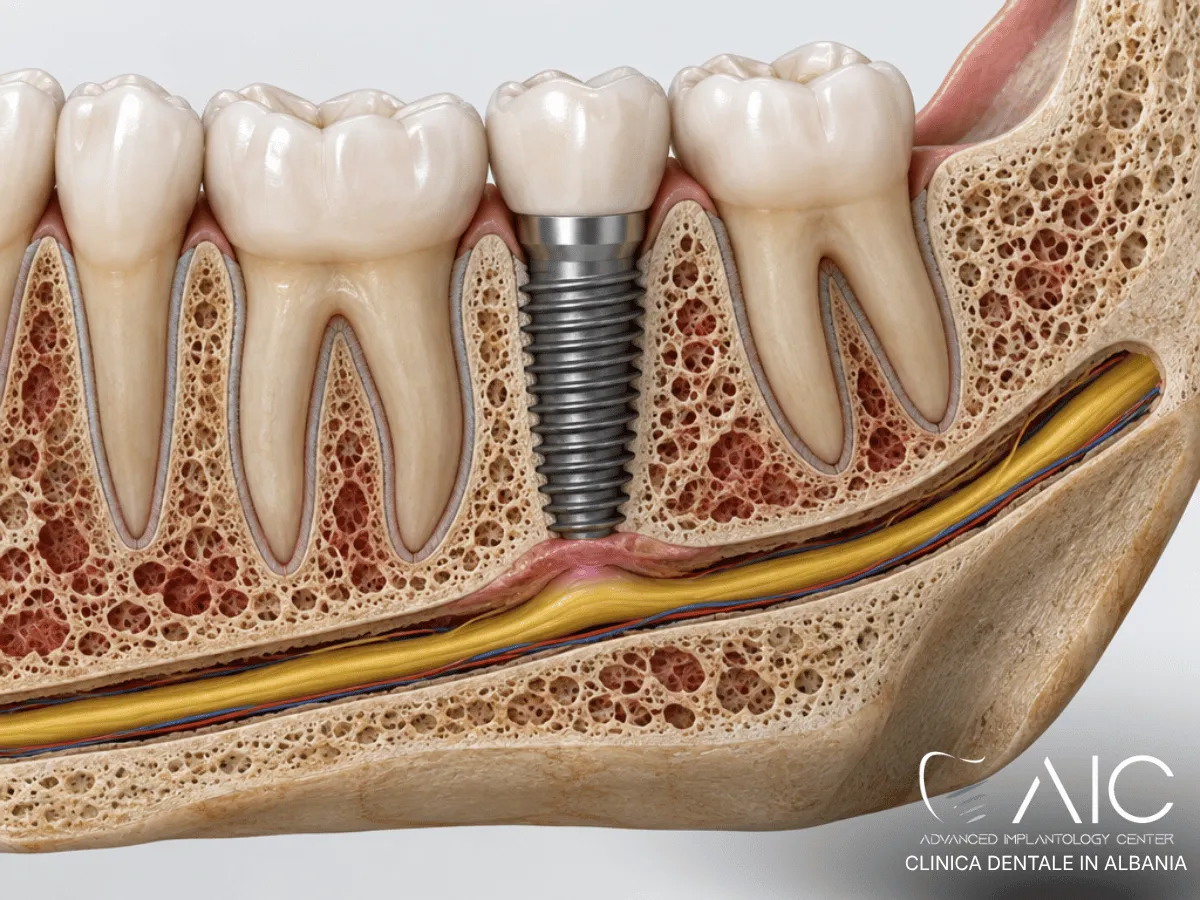 Impianto dentale vicino al nervo alveolare inferiore con possibile irritazione neurologica