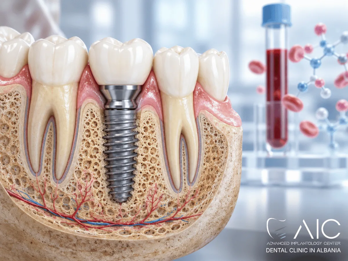 Impianto dentale in osso mandibolare con rappresentazione del controllo glicemico e della guarigione