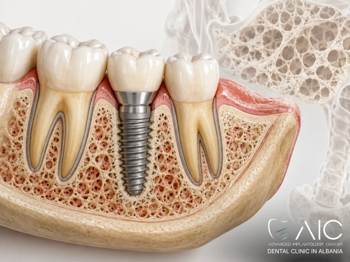 Impianto dentale osseointegrato nella mandibola di un paziente con osteoporosi