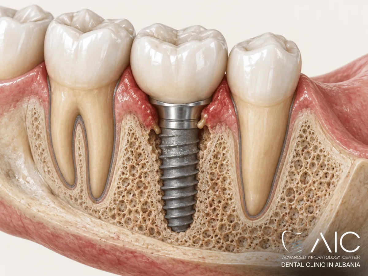 Infezione intorno a un impianto dentale con infiammazione gengivale e lieve perdita ossea