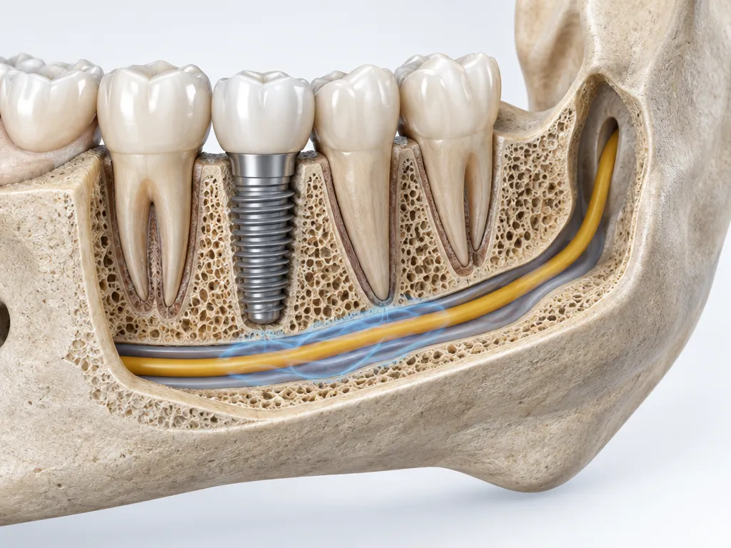 Lower jaw dental implant shown near the inferior alveolar nerve canal in a 3D anatomical illustration