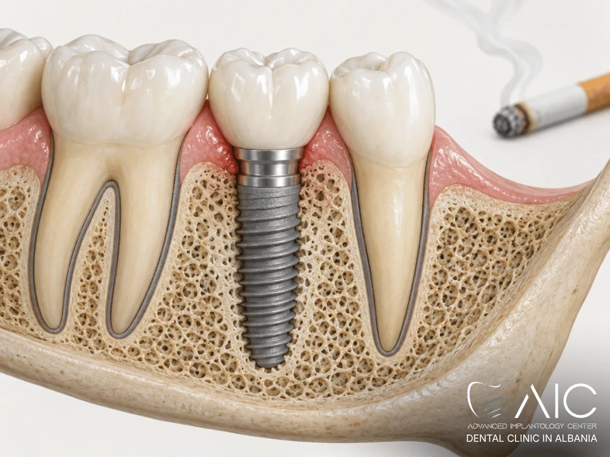Smoking and dental implants illustrated with reduced bone healing around a titanium implant Caption: Smoking can create a less favorable biological environment for healing and osseointegration around dental implants.