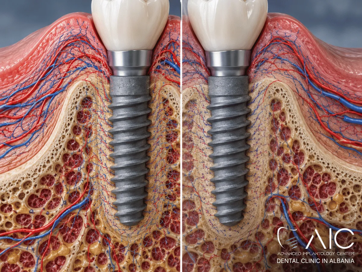 Microvascular blood supply around a healing dental implant in jawboneCaption: Healthy blood supply supports soft-tissue repair and bone healing during the early stages of implant treatment.