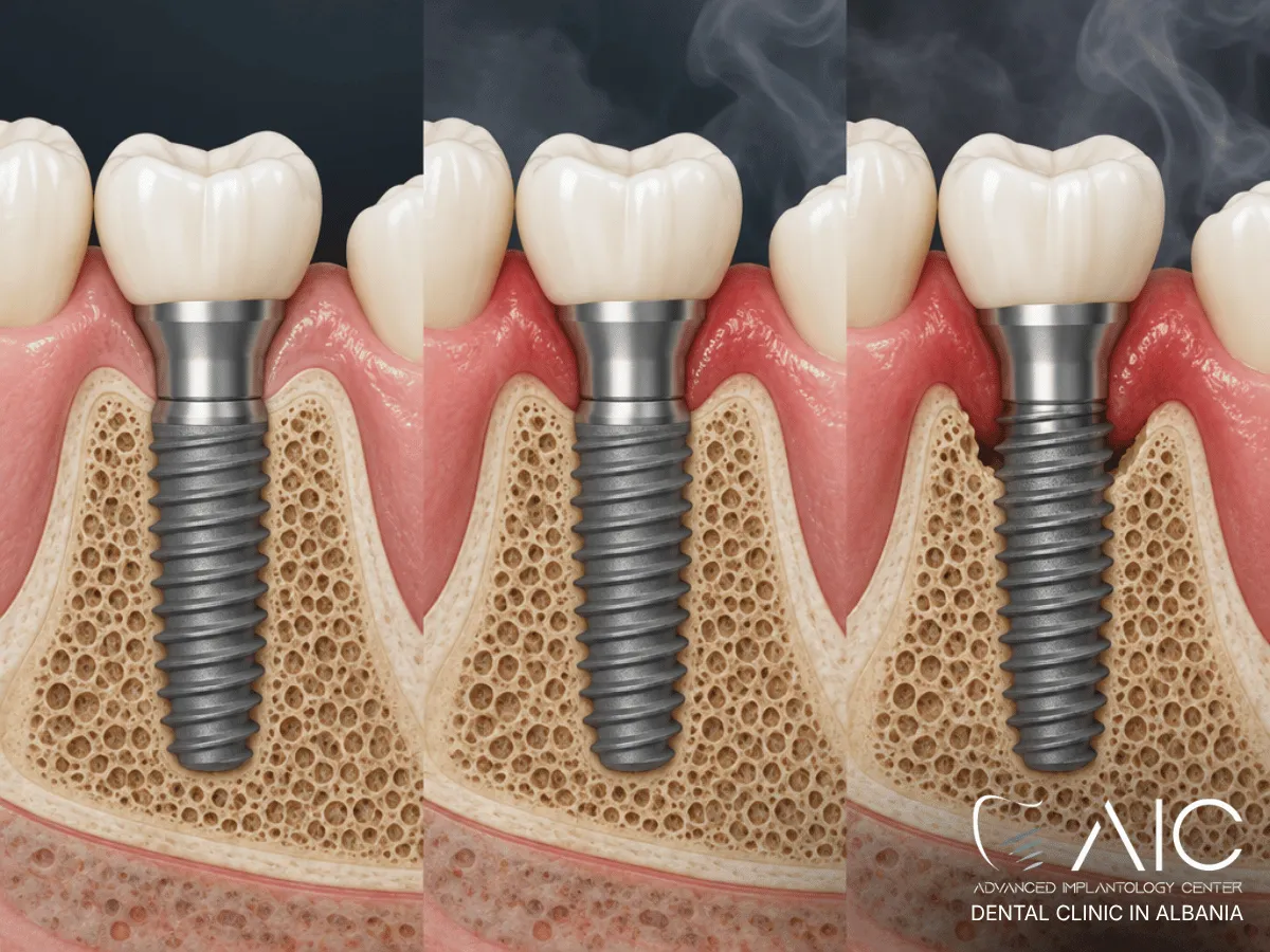 Progression from healthy dental implant tissue to peri-implant mucositis and peri-implantitis