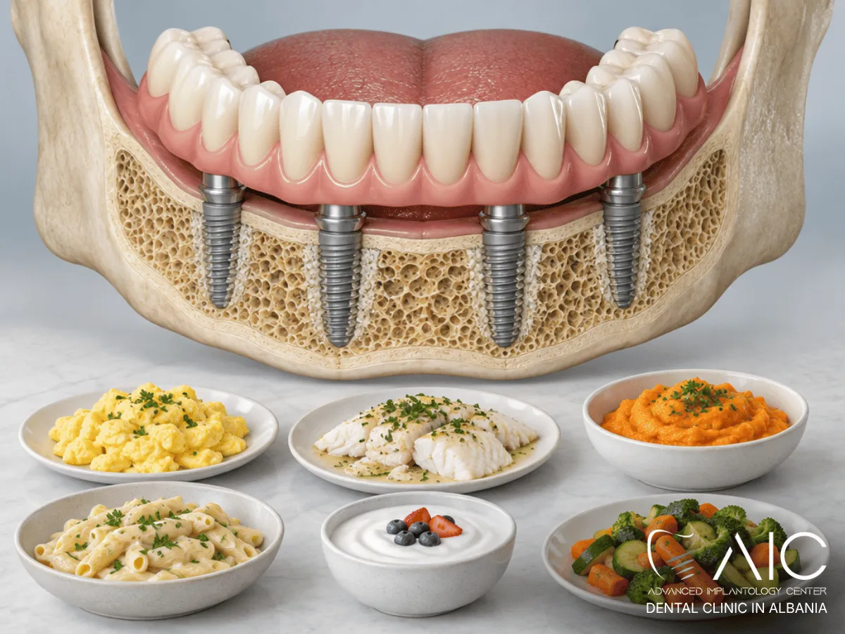 Soft foods beside a healing All-on-4 full-arch dental implant restorationSoft foods beside a healing All-on-4 full-arch dental implant restoration