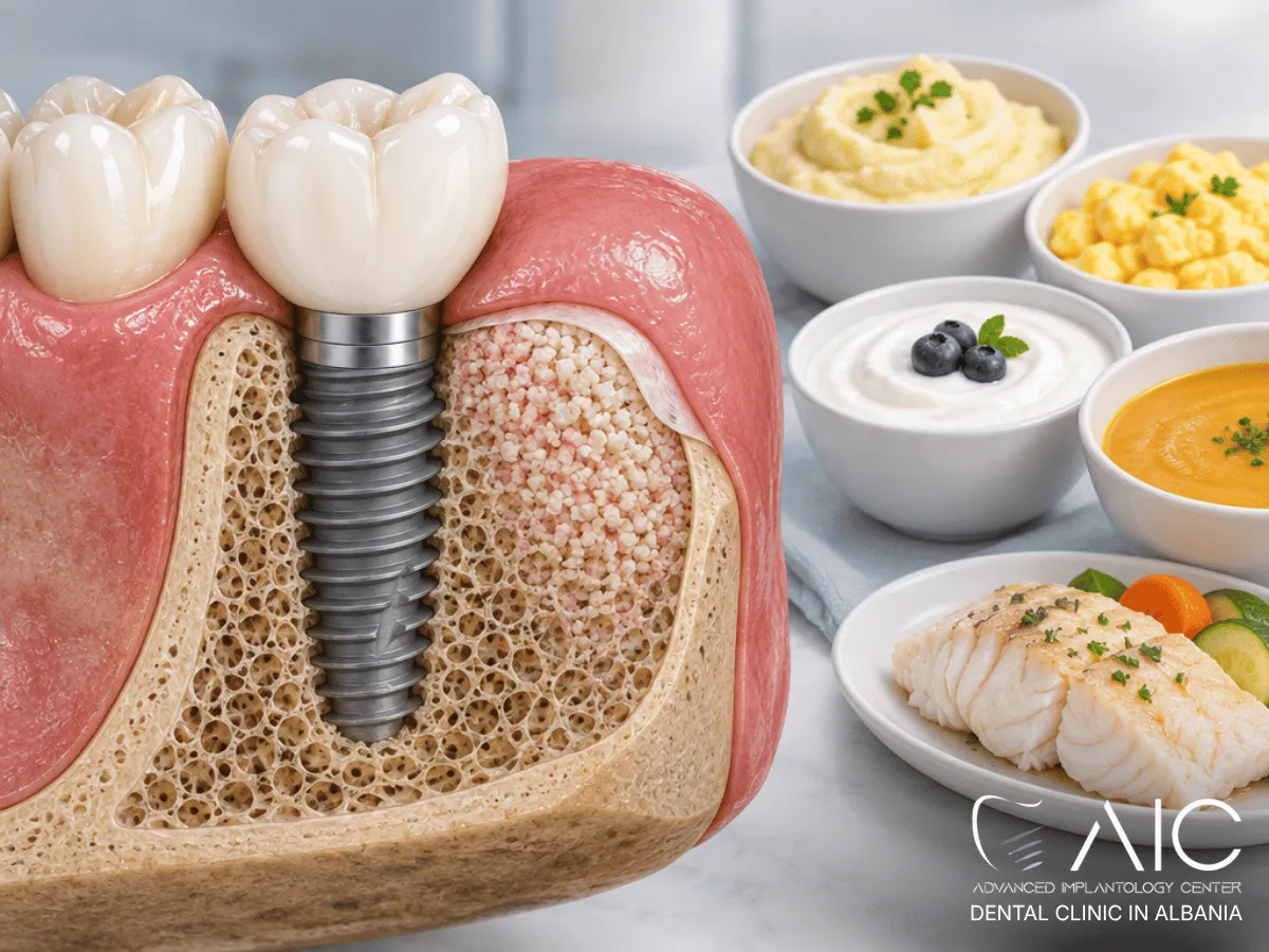 Soft foods shown beside a dental implant with a healing bone graft in the jawSoft foods shown beside a dental implant with a healing bone graft in the jaw