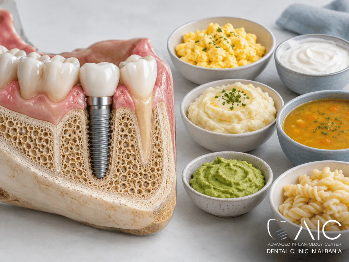 Soft foods recommended after dental implant surgery shown beside a healing titanium implant