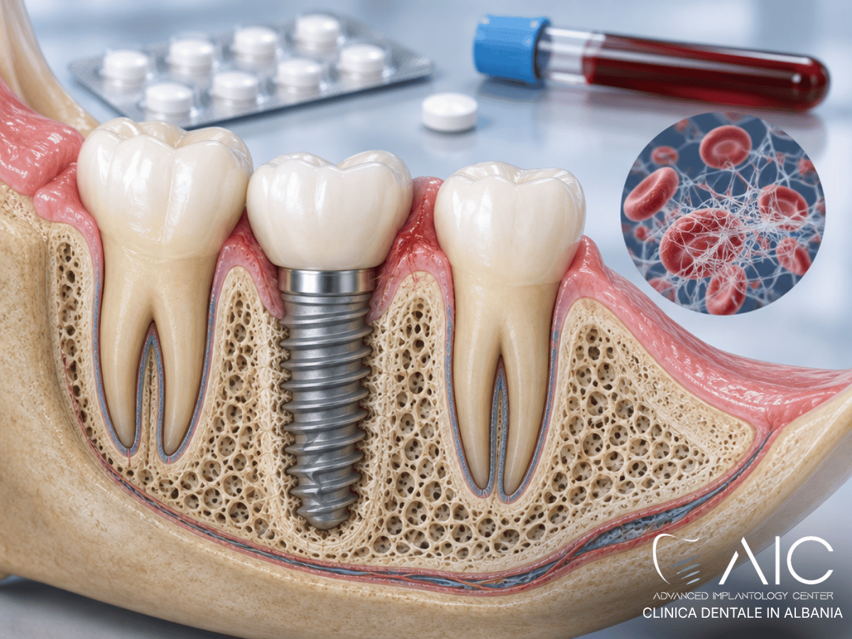 Impianto dentale in mandibola con rappresentazione della terapia anticoagulante e della coagulazione