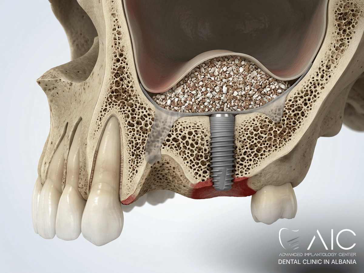 Bone graft reconstruction of severe upper jaw bone loss before conventional dental implant placement