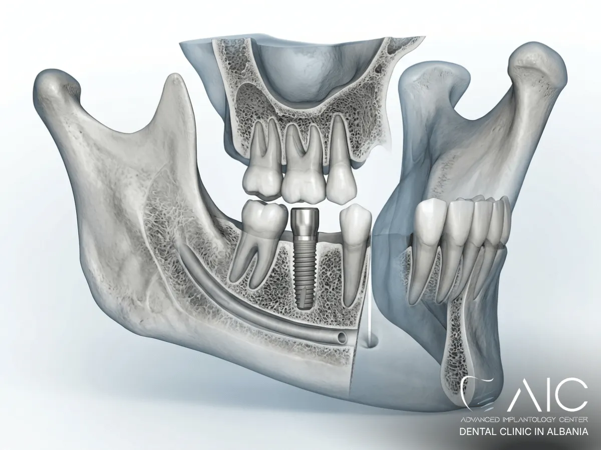 CBCT 3D scan showing dental implant planning, jawbone and mandibular nerve anatomy