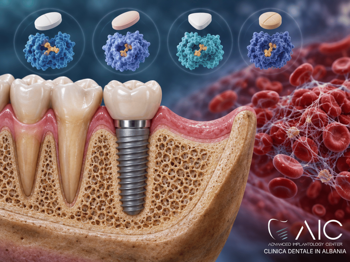 Impianto dentale e terapia con anticoagulanti orali diretti rappresentati in una visualizzazione medica