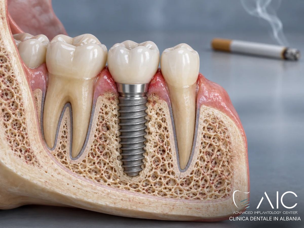 Impianto dentale in guarigione con rappresentazione del fumo come fattore di rischio
