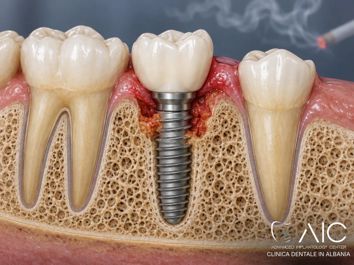 Peri-implantite con perdita ossea intorno a un impianto dentale associata al rischio del fumo