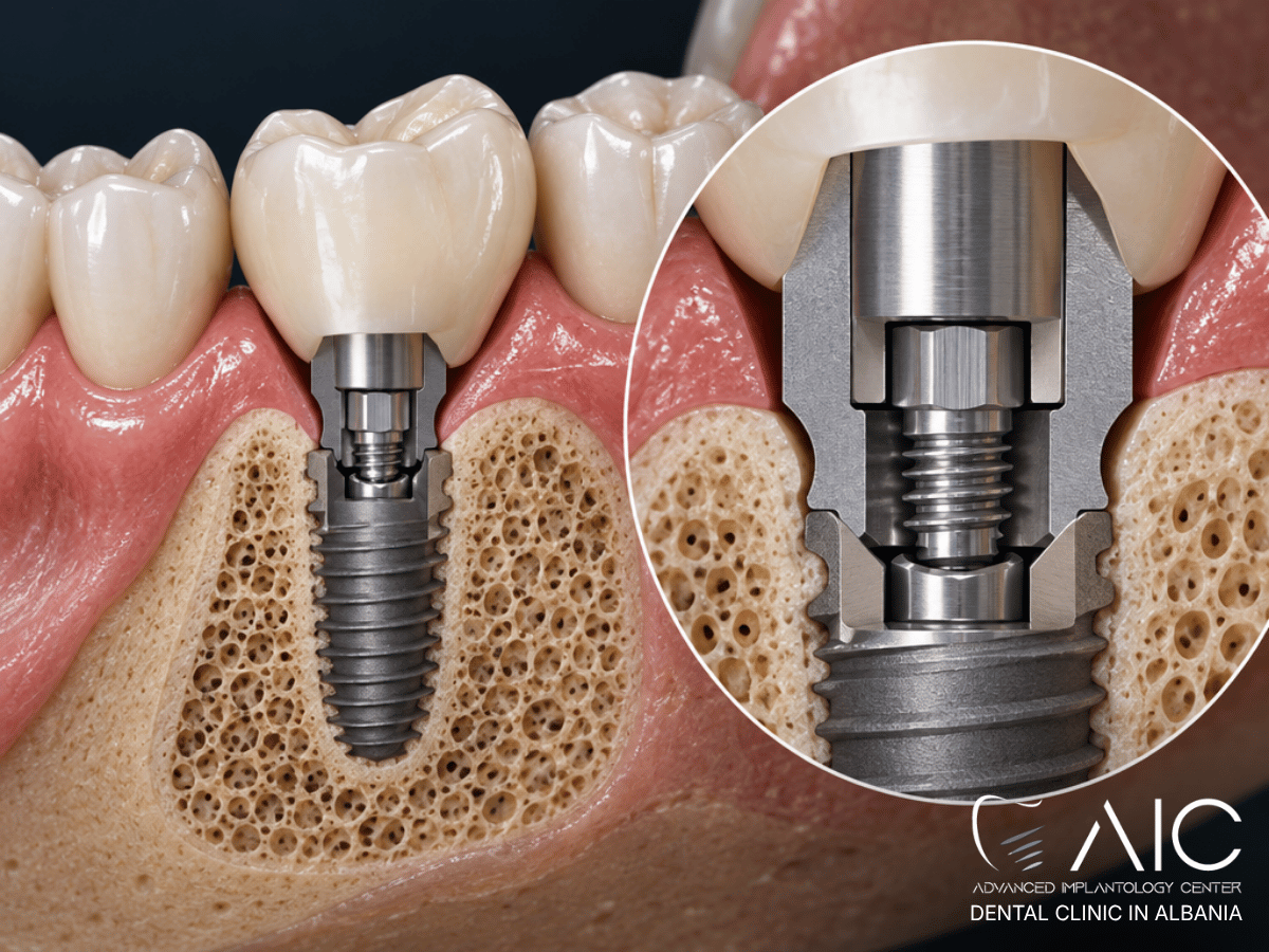 Loose abutment screw inside a dental implant while the implant fixture remains stable in bone
