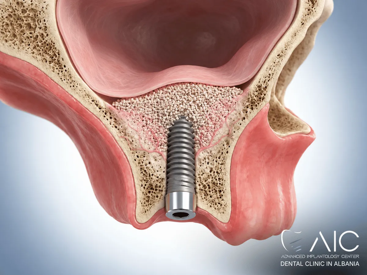 Sinus lift bone graft healing beneath the maxillary sinus before dental implant placement